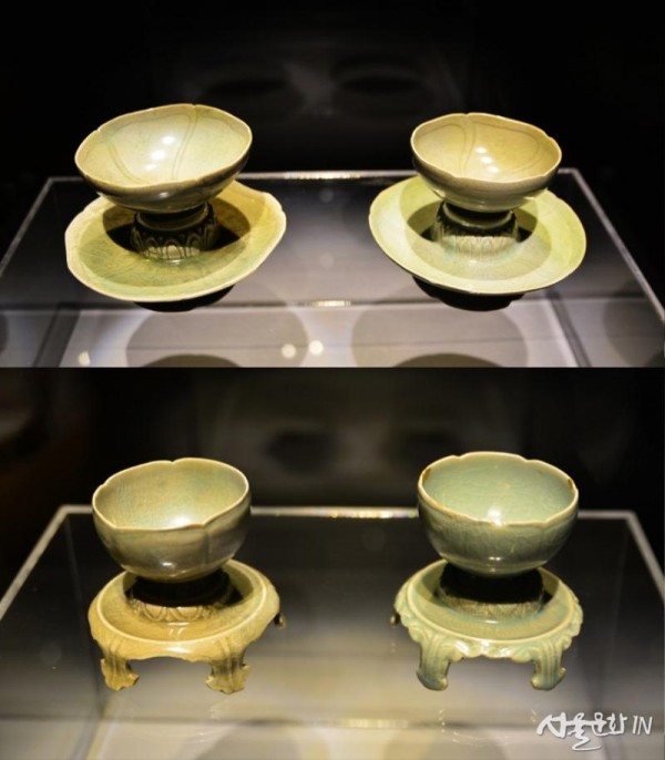 (위)청자 음각 연화문 화형 탁잔, (아래)청자 음각 화문 화형 탁잔, 12세기.jpg